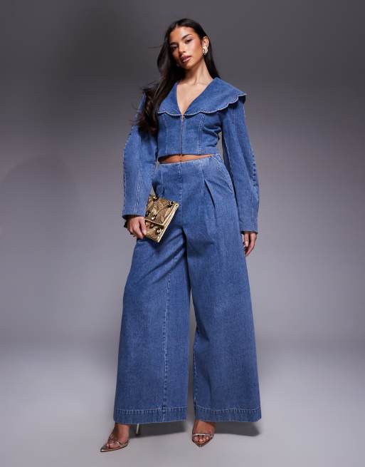 ASOS LUXE - Blazer corto in denim blu medio con colletto oversize in coordinato, 2 di 4