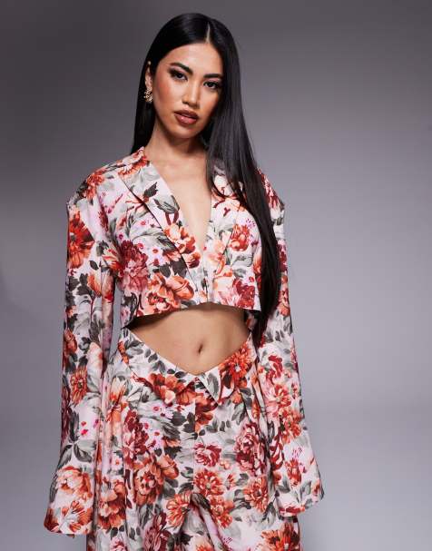ASOS LUXE - Blazer corto sartoriale effetto lino con stampa a fiori in coordinato - view 1