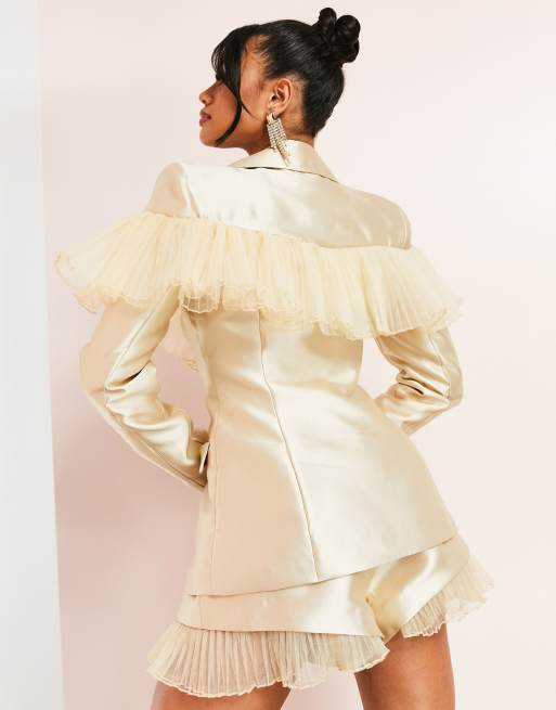 ASOS LUXE Blazer da abito color ostrica con dettagli in tulle ASOS