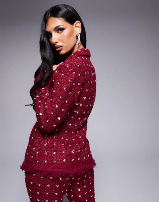 ASOS LUXE - Blazer d'ensemble en bouclé ornementé avec ourlet à plumes synthétiques - Bordeaux, 3 de 4