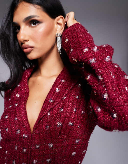 ASOS LUXE - Blazer d'ensemble en bouclé ornementé avec ourlet à plumes synthétiques - Bordeaux, 4 de 4