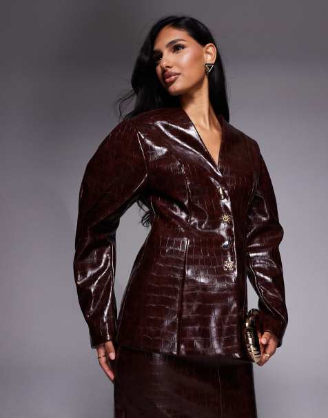 ASOS LUXE - Blazer d'ensemble structuré effet croco à boutons dorés - Chocolat - view 1