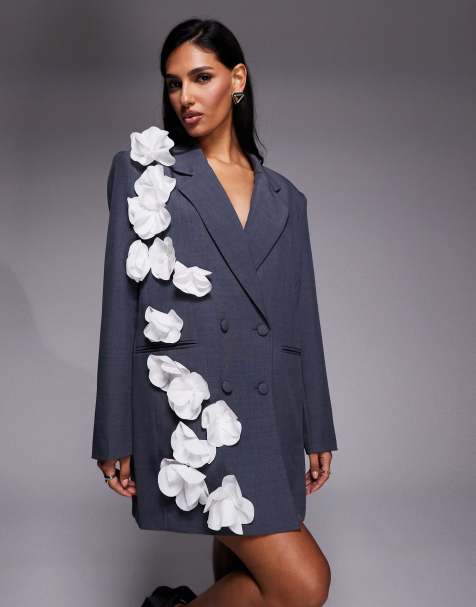 ASOS LUXE blazer dress with 3D floral detailing in gray - view 1