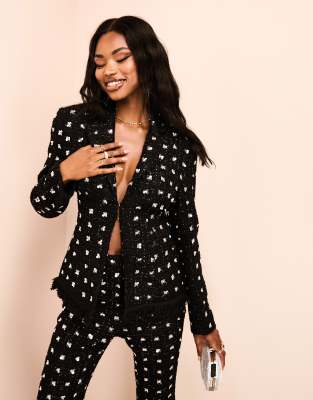 ASOS LUXE embellished boucle blazer with faux feather hem black & silver - ASOS Price Checker