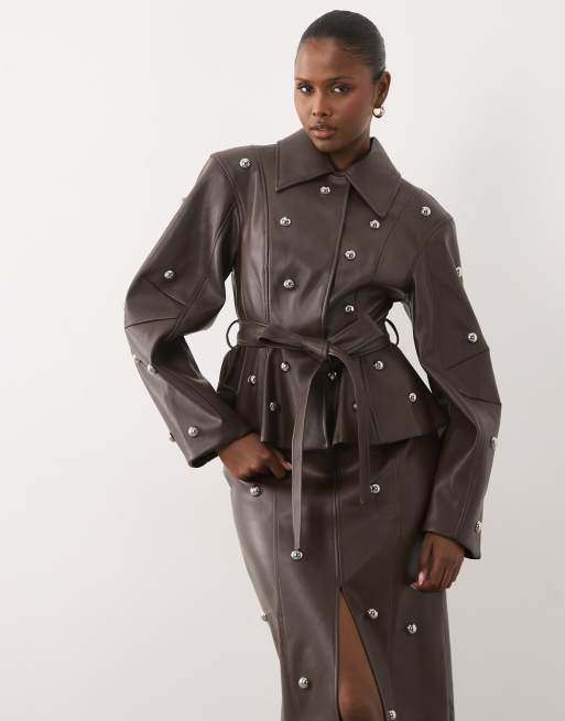 ASOS LUXE PU studded blazer and pencil skirt co-ord with belt in chocolate, 2 di 3