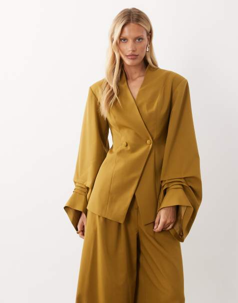 ASOS LUXE blazer met geplooide mouwdetails in mosterdgeel - view 1