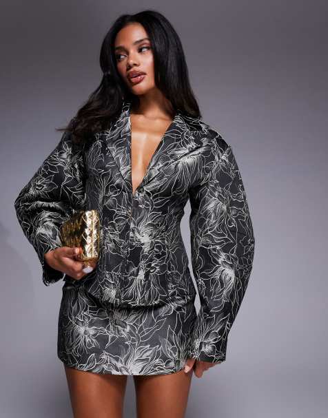 ASOS LUXE - Blazer sagomato nero a fiori jacquard in coordinato - view 1