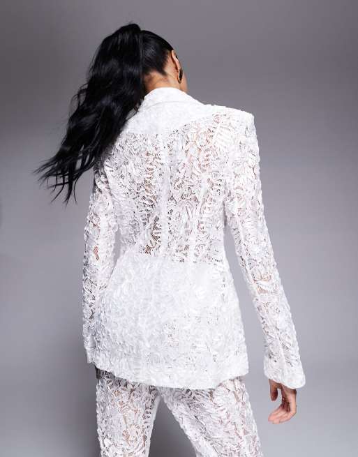 ASOS LUXE - Blazer sartoriale in pizzo color avorio in coordinato, 3 di 4