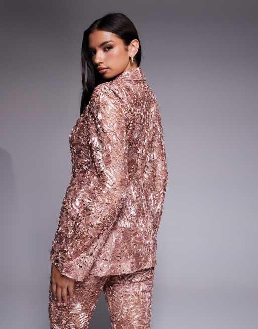 ASOS LUXE - Blazer sartoriale in pizzo rosa cipria in coordinato, 4 di 4