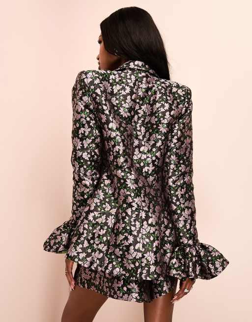 ASOS LUXE - Blazer sartoriale nero e viola jacquard a fiori con bottoni decorati, 3 di 4
