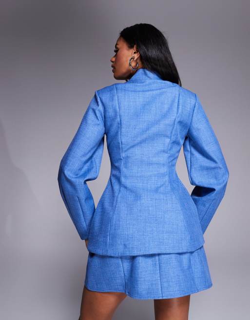 ASOS LUXE - Blazer sartoriale sagomato in lino strutturato blu chambray in coordinato, 3 di 4