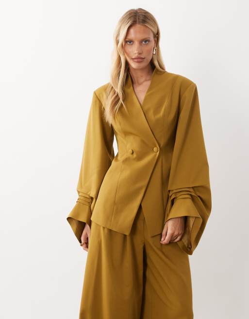 ASOS LUXE blazer with pleated sleeve detailing and tailored wide leg pants set in mustard, 2 of 3