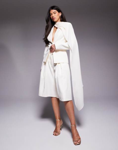 ASOS LUXE blazer with scarf drape detail and tailored longline shorts set in cream - view 1