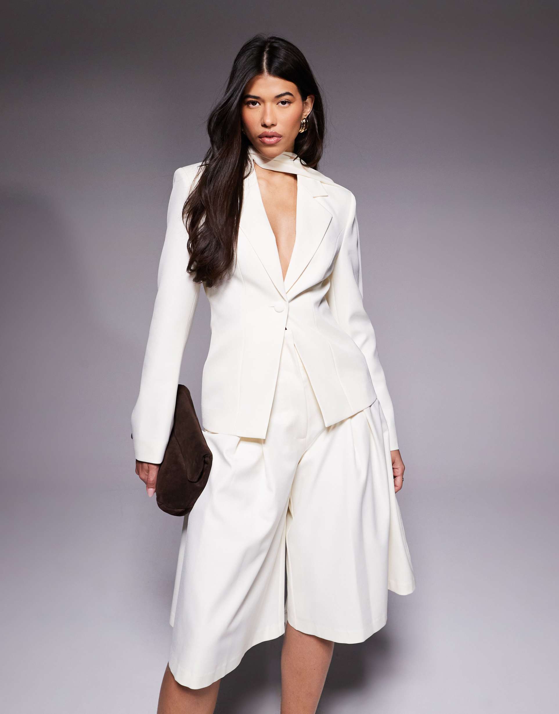 asos luxe blazer with scarf drape detail in cream - part of a set