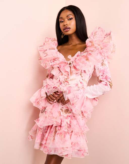 ASOS LUXE – Blommig, långärmad, rynkad miniklänning i organza med volang, 3 av 4