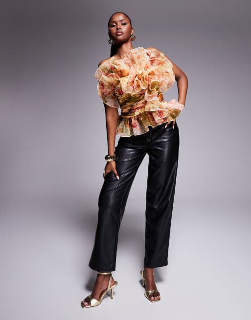 ASOS LUXE – Blommig, lapptäcksmönstrad topp i organza med volangdetaljer, 2 av 4