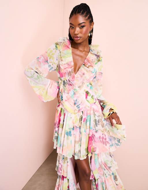 ASOS LUXE – Blommig maxiklänning i organza med volang och ojämn fåll, 2 av 4