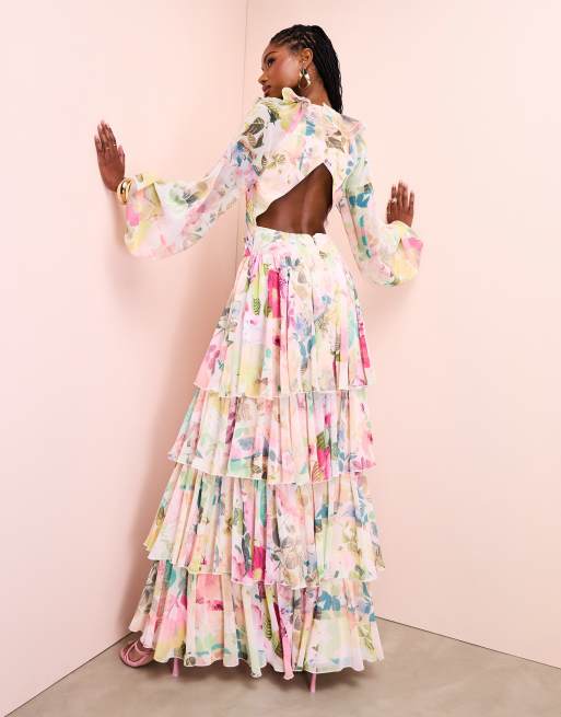 ASOS LUXE – Blommig maxiklänning i organza med volang och ojämn fåll, 4 av 4