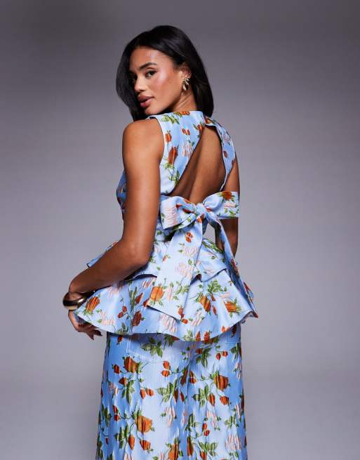 ASOS LUXE – Blommig peplum-topp i jacquard med rosett baktill, del av set, 4 av 4