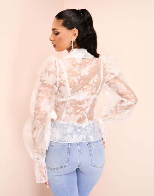 ASOS LUXE Blouse van doorschijnende organza met bloemenprint overslag en strikdetail in wit
