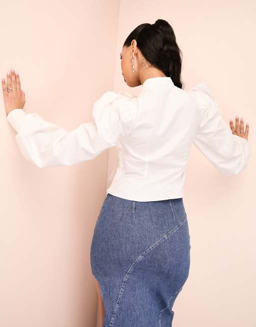 ASOS LUXE - Blusa in popeline di cotone bianca con fiocco, 3 di 4