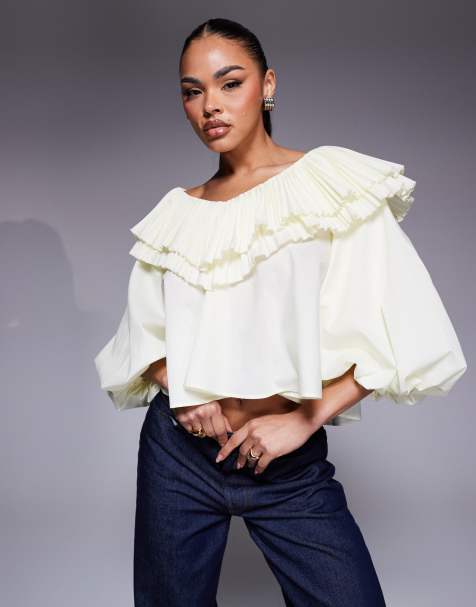 ASOS LUXE - Blusa oversize in popeline di cotone color latticello a pieghe - view 1