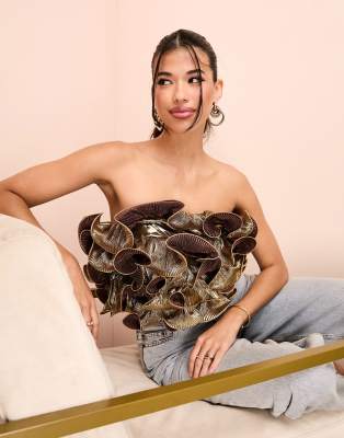 ASOS LUXE pleated ruffle bandeau body in gold - ASOS Price Checker