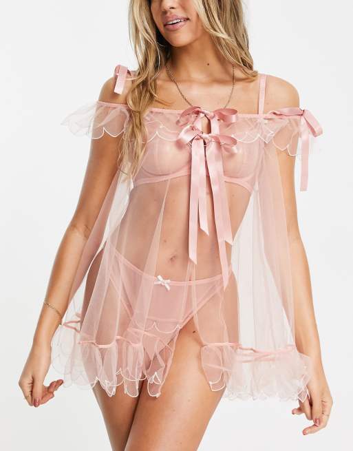 ASOS LUXE – Body in Zartrosa mit Bardot-Ausschnitt, Bogenkante und Satin-Bindebänder