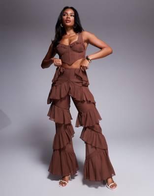 [ASOS LUXE] ASOS LUXE boho chiffon ruffle pants in chocolate (part of a set)-Brown 16 BROWN