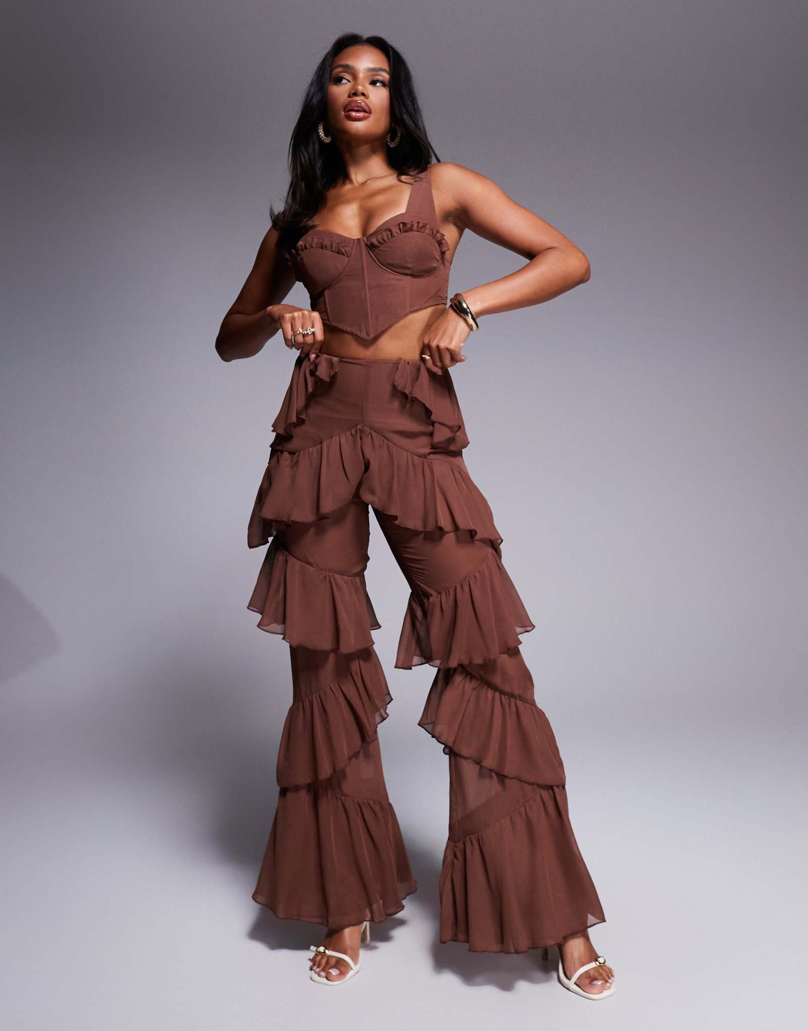 Шифоновые брюки ASOS LUXE в стиле бохо с оборками шоколадного цвета - часть комплекта