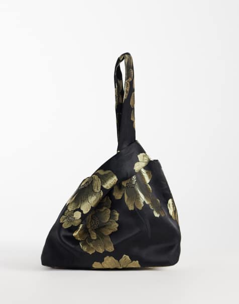ASOS LUXE bolso clutch blando de jacquard con asa de paso en negro y dorado - view 1