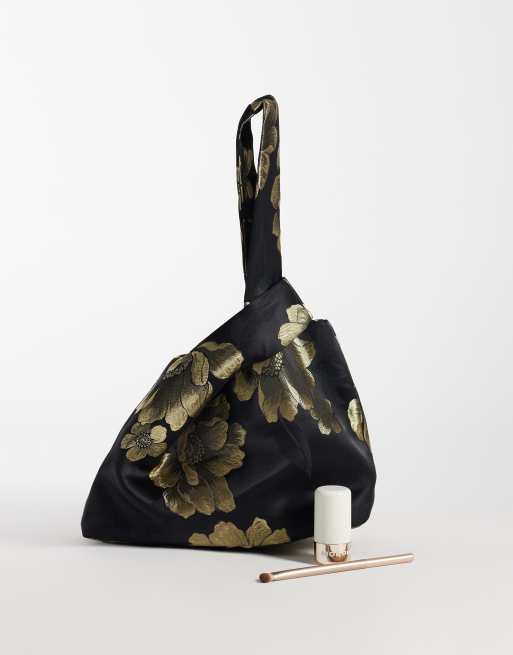 ASOS LUXE bolso clutch blando de jacquard con asa de paso en negro y dorado, 2 de 4