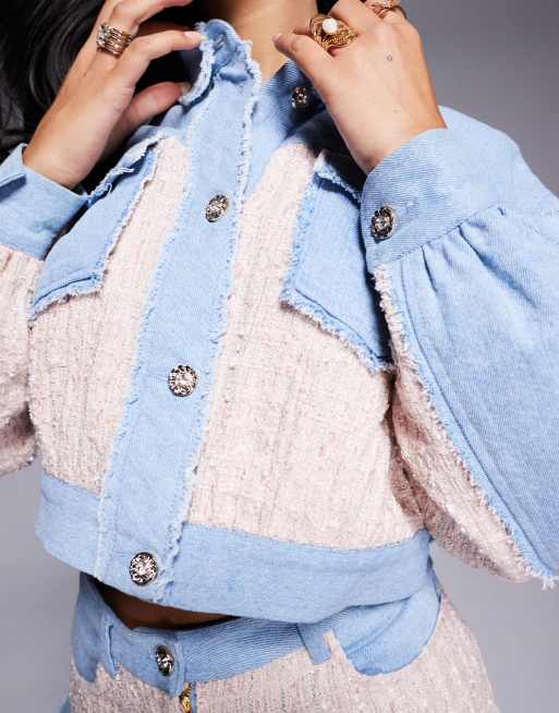 ASOS Luxe - Bomber-jakke i blandet boucle- og denimmateriale i mellemblå vask - Del af sæt, 3 af 4