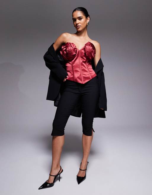 ASOS LUXE bonded satin corset bandeau top with corsage detail in berry, 2 of 4