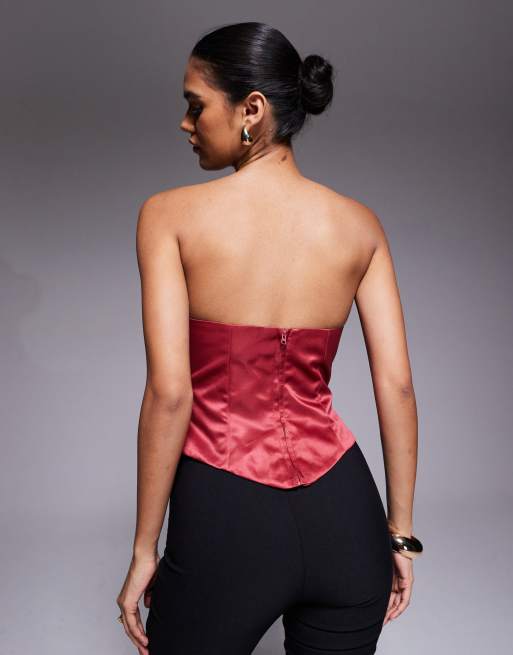 ASOS LUXE bonded satin corset bandeau top with corsage detail in berry, 3 of 4