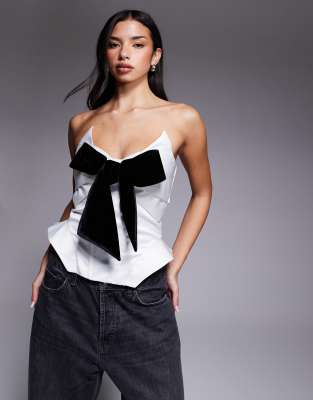 Asos Luxe Bonded Satin Corset Top With Velvet Bow In White