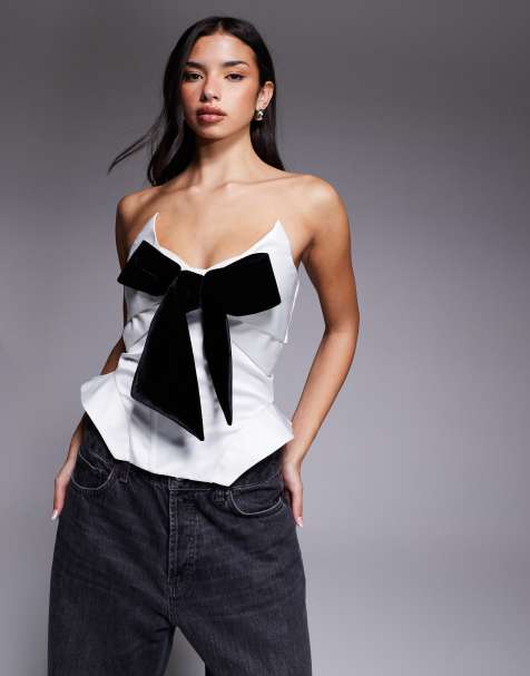 ASOS LUXE bonded satin corset top with velvet bow in white - view 1