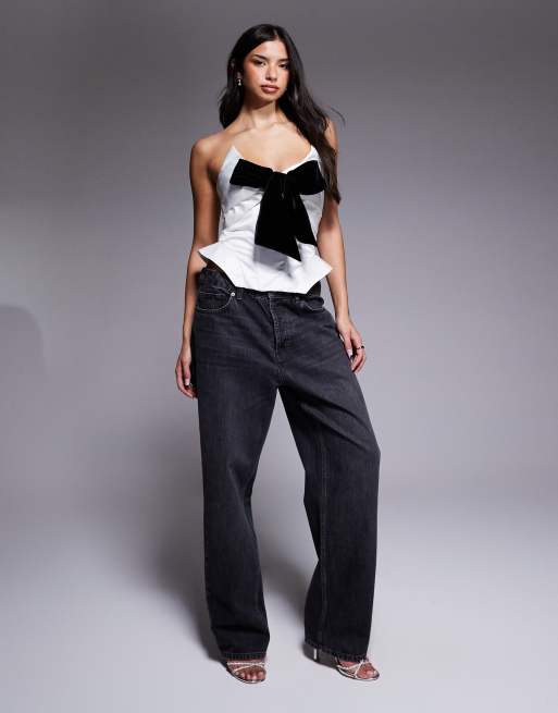 ASOS LUXE bonded satin corset top with velvet bow in white, 3 of 4