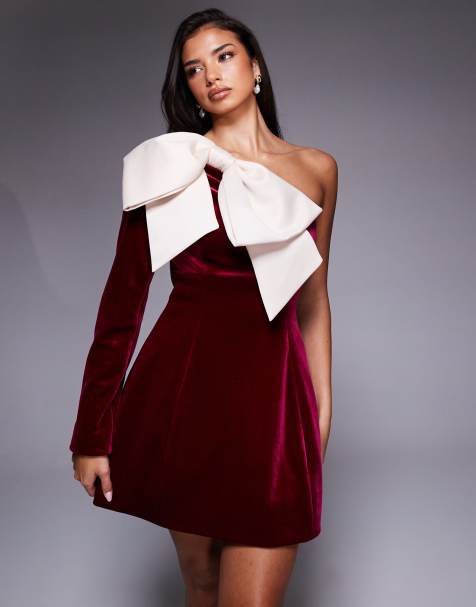 ASOS LUXE one shoulder velvet mini dress with bow detail in burgundy