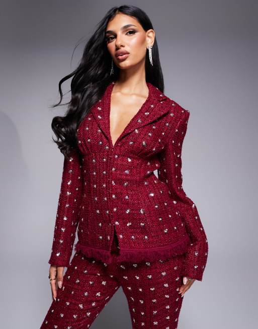 ASOS Luxe – Bordowa zdobiona marynarka z dzianiny boucle ze sztucznymi piórkami u dołu, część zestawu
