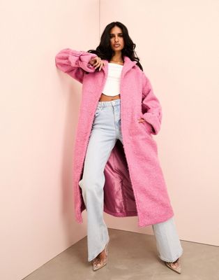 ASOS LUXE borg long line trench coat with belted waist in pink