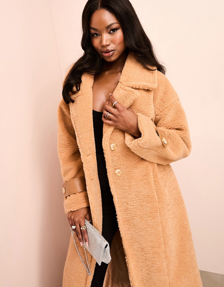 ASOS LUXE borg longline trench coat with ruched waist in camel-Brown