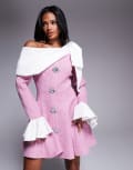 [ASOS LUXE] ASOS LUXE boucle and poplin mini dress with embellished buttons in pink 8 PINK