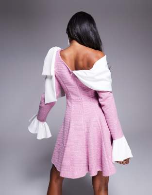 Asos Luxe Boucle And Poplin Mini Dress With Embellished Buttons
