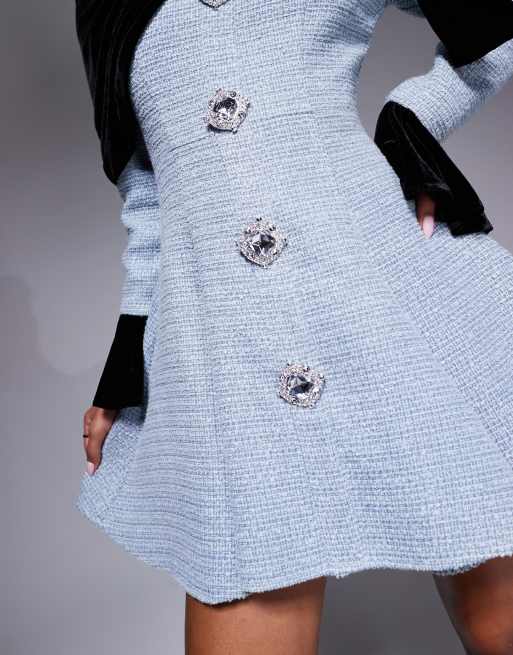 ASOS LUXE boucle and velvet mini dress with embellished buttons in Ice Blue
