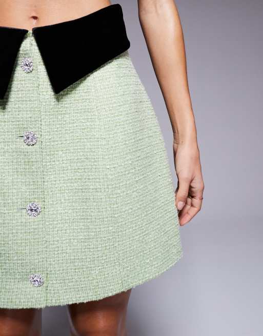 ASOS Luxe Boucle and Velvet Mini Skirt with Embellished Buttons in Olive Part of A set Green