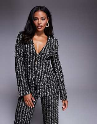 ASOS LUXE - Bouclé-Blazer in Schwarz mit Perlenverzierung, Kombiteil