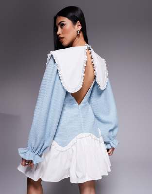 Asos Luxe Boucle & Cotton Poplin Mix Mini Dress With Embellished Buttons In Blue