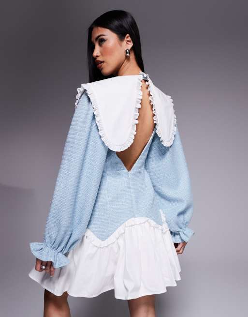 ASOS LUXE boucle & cotton poplin mix mini dress with embellished buttons in blue, 2 of 4
