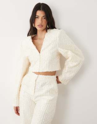 Asos Luxe Boucle Cropped Ovoid Sleeve Blazer In White